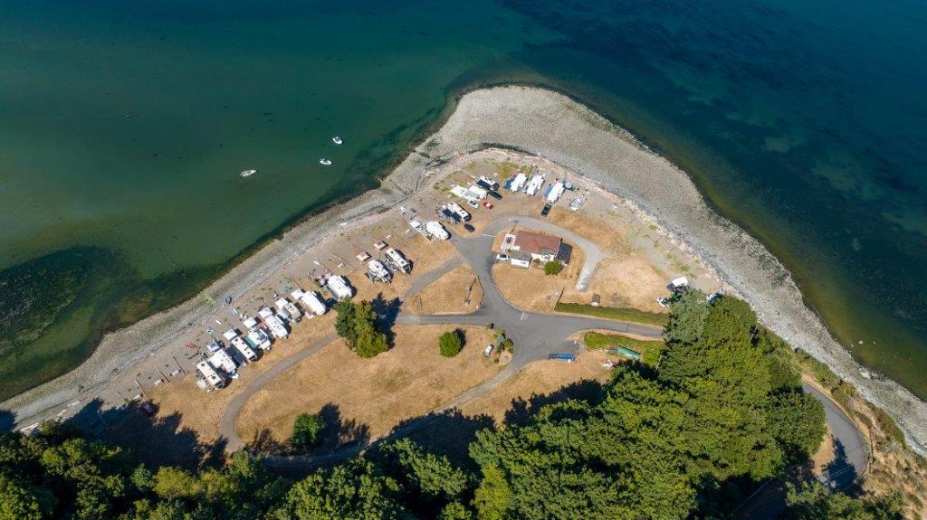 Bird's-eye view of Beachcomber RV Park and the Cowichan Head shoreline