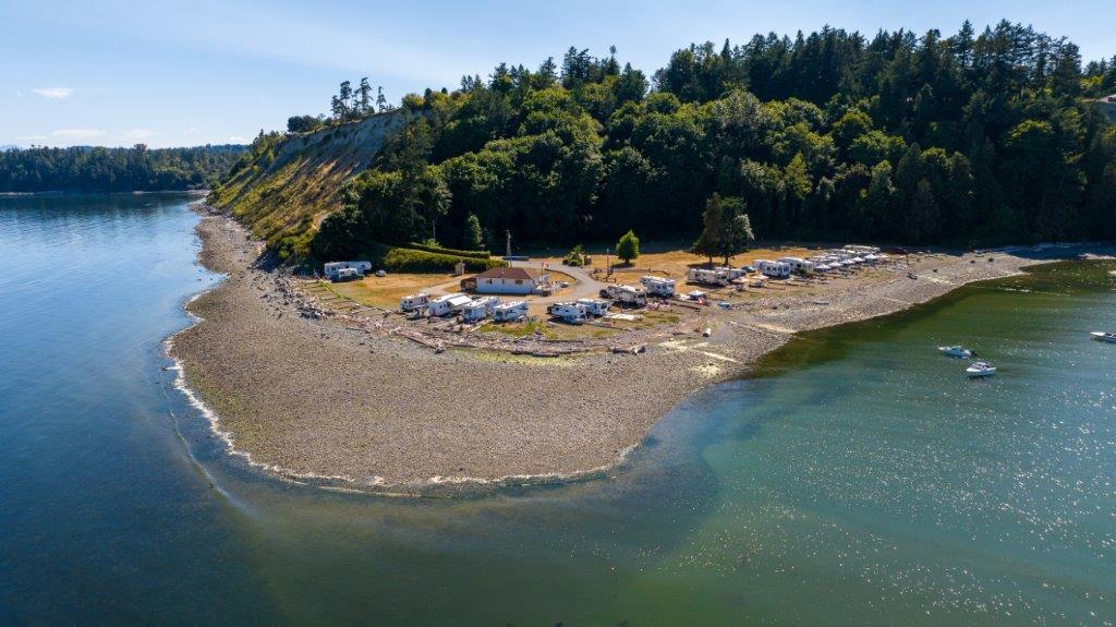 Aerial view of Beachcomber RV Park on the point