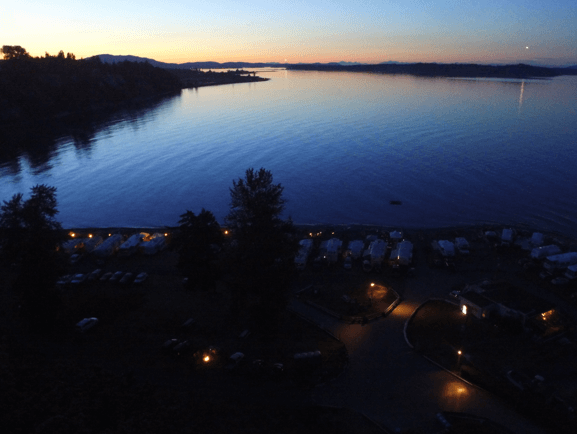 Dusk view over Beachcomber RV Park and the bay