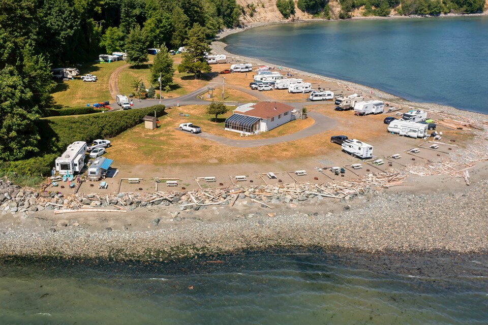Aerial view of Beachcomber RV Park oceanfront RV sites near Victoria